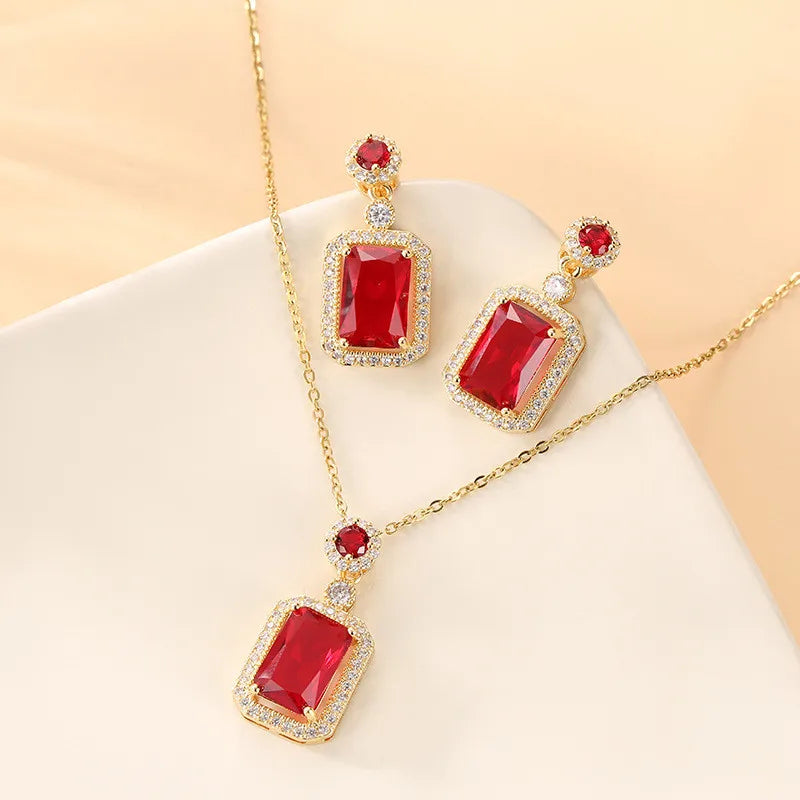 Stainless Steel Microset Red Large Zircon Drop Earrings Necklace Set Vintage Wedding Woman Set Simple and Class