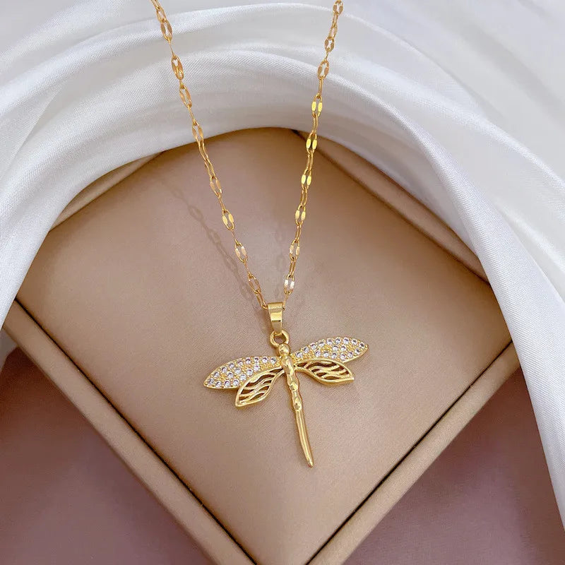 Stainless Steel Water Chain Hollow  Micro Set Zircon Dragonfly Copper Pendant Women's Necklace Jewellry Bijoux Femme Luxe Simple and Class