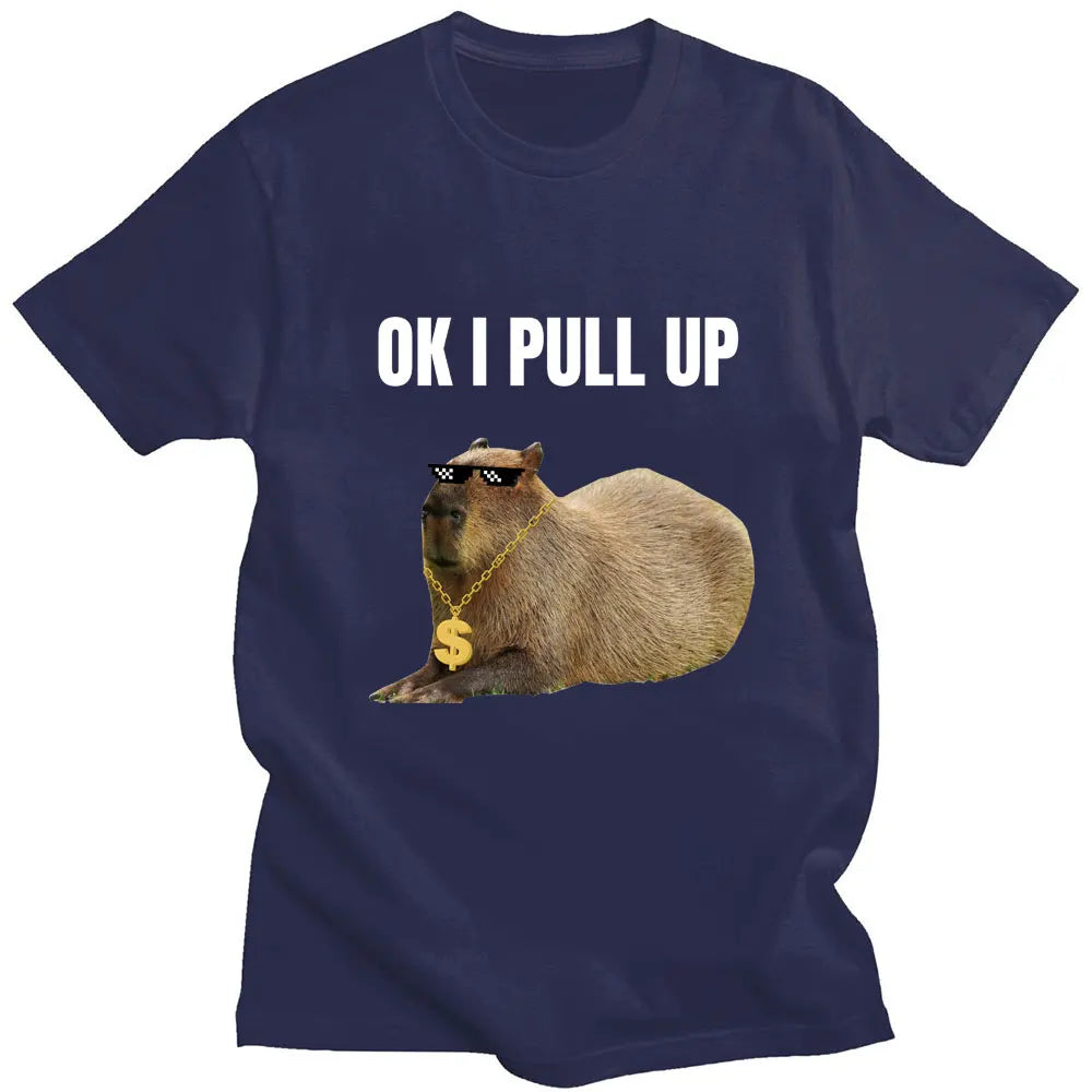 Ok I Pull Up Funny Capybara Glasses Print T Shirt Cotton Men Women T-Shirt o-neck Fashion Short Sleeve Tee Shirt Streetwear Simple and Class