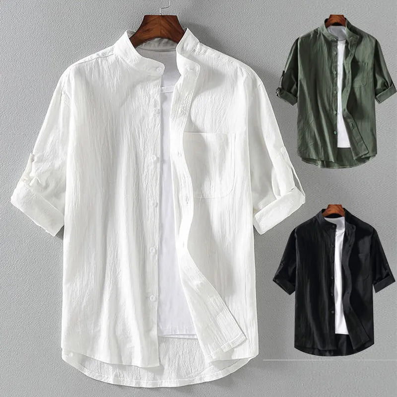 Spring and Summer Stand Collar Five-point Mid-sleeve Fashionable Men's Short-sleeved Shirt Seven-point Sleeve Large Size Men's Simple and Class